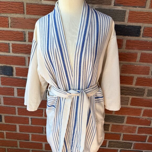 Home & Loft Ivory & Blue Short Bathrobe - Small - Premium Turkish Cotton - Picture 1 of 4